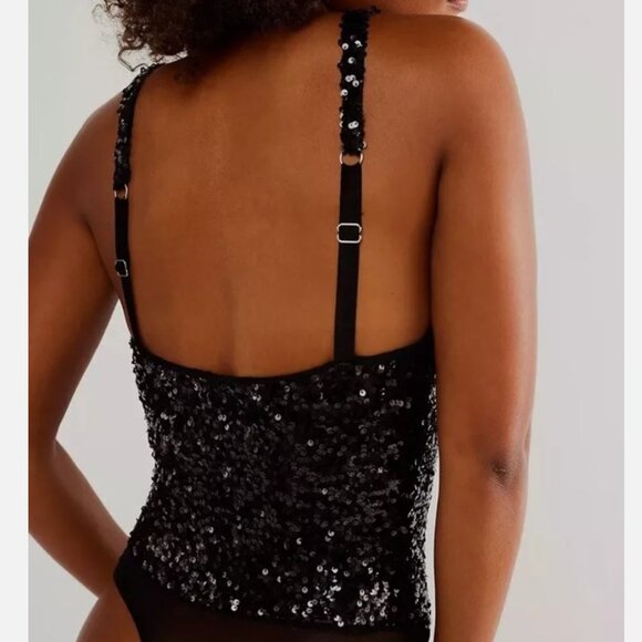 NWT! Free People Intimately Sparks Fly Sequined Black Thong Bodysuit Size Small - Picture 4 of 6
